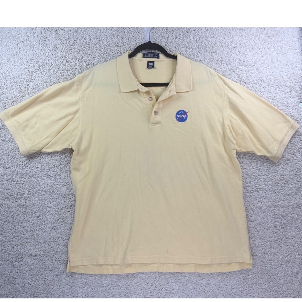 Time Out NASA Polo Shirt Mens XL Yellow Good Embroidered Logo Cotton Pique